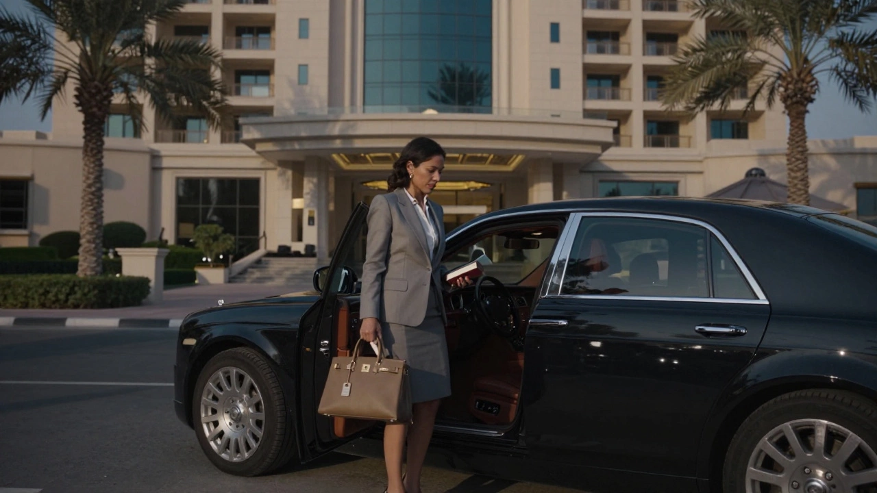 A mature woman arriving at a luxury Dubai hotel in elegant attire.