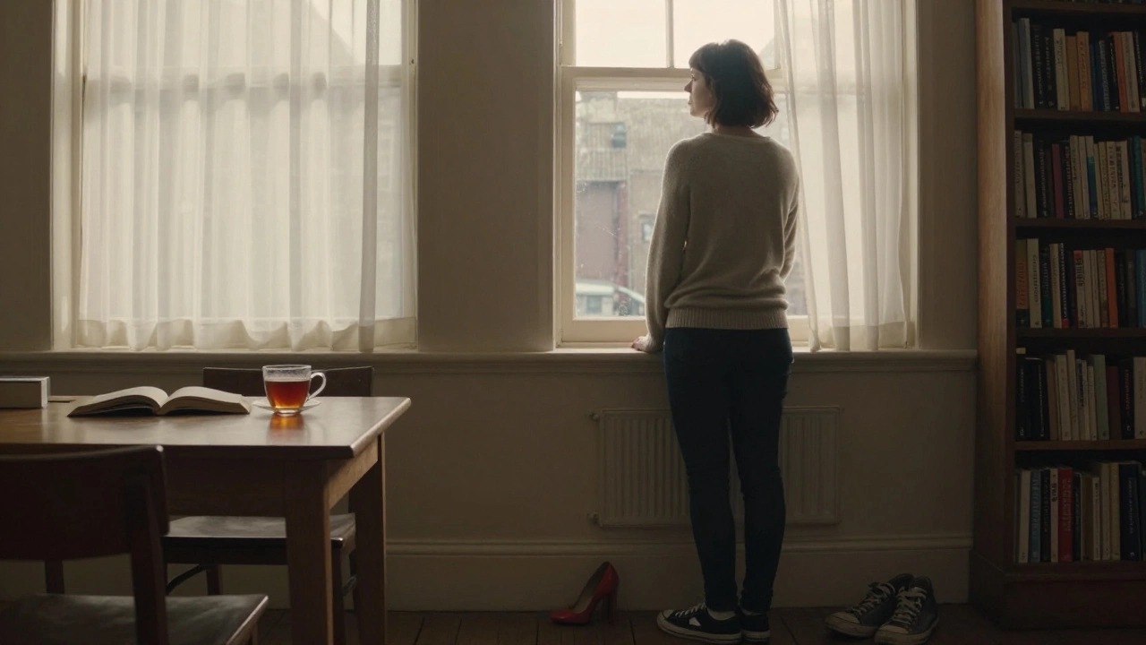 Morning light fills a book-filled flat as a woman stands by the window, serene and alone.