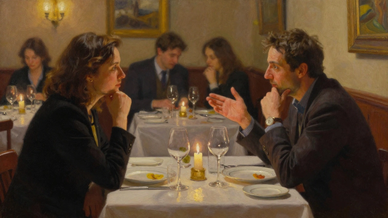 Two people dining privately in a refined Dubai restaurant, engaged in conversation.